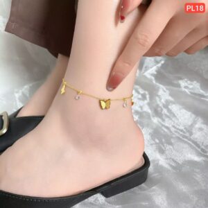 Hanging Butterfly And Hanging Stone Anklet(18k gold polis)
